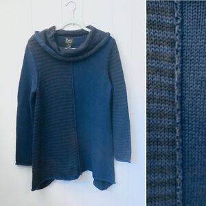 Pure Handknit Sweater 100% Cotton Mixed Panels Cowl Neck Lagenlook Blue Navy M/L